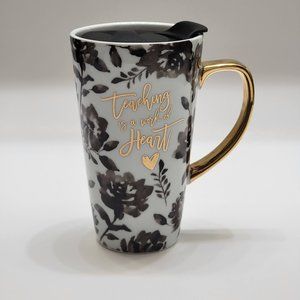Lady Jayne Ceramic Travel Mug Teaching Teachers Floral Design Gold Handle